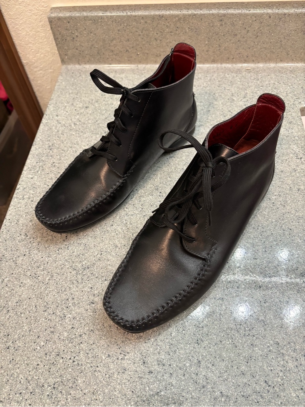 Salvatore Ferragamo Black Leather Lace-Up Ankle Booties with Red Lining